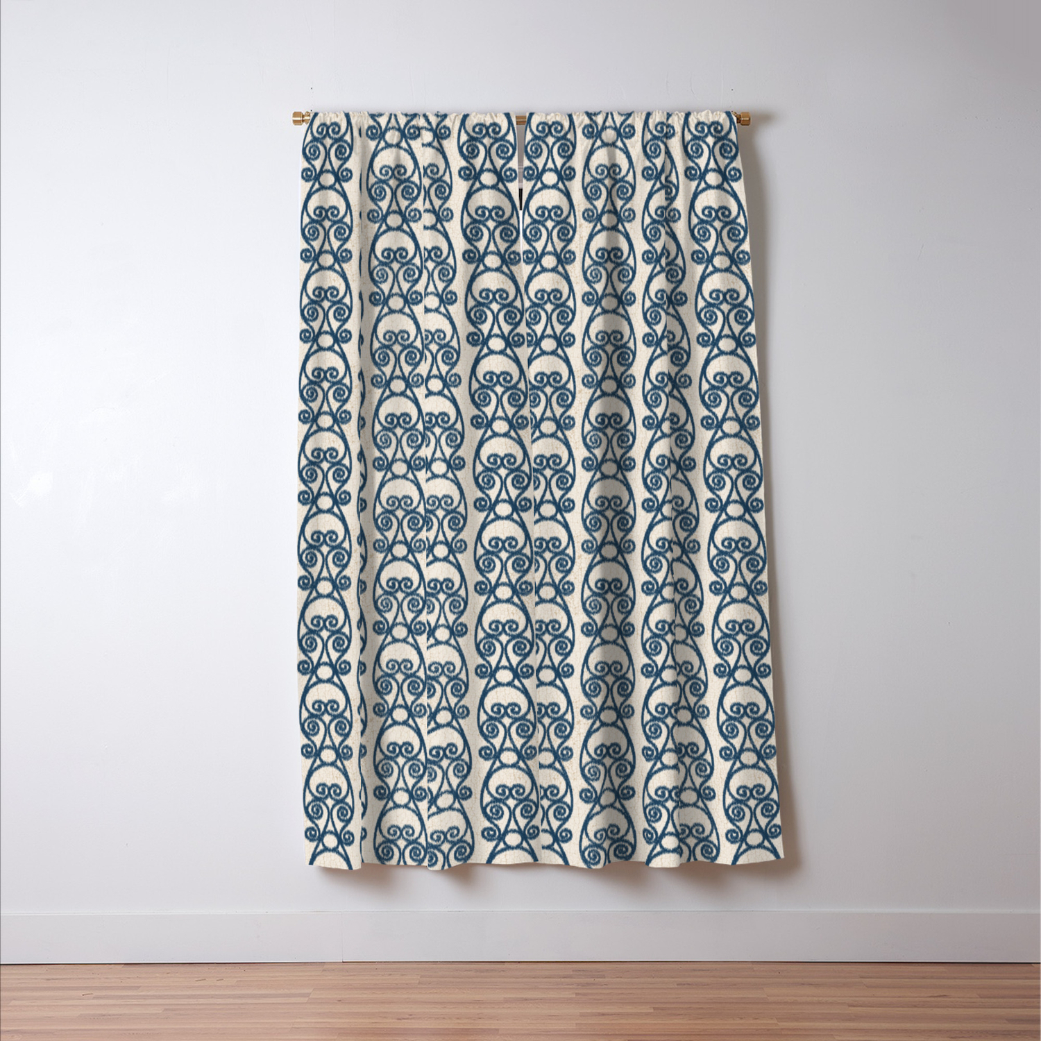 Crackled Scrolled Ikat Pattern Cream Navy Blackout Curtain By