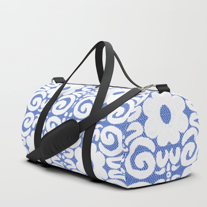 Retro Daisy Flower Lace White On Blue Duffle Bag