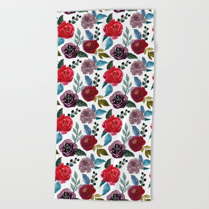 Red and burgundy watercolor flowers Beach Towel