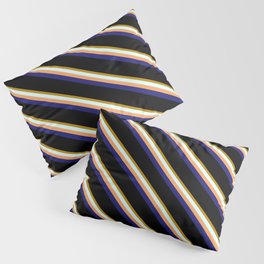 [ Thumbnail: Vibrant Dark Goldenrod, Light Cyan, Brown, Midnight Blue & Black Colored Stripes/Lines Pattern Pillow Sham ]