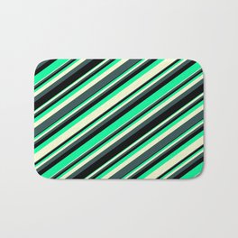 [ Thumbnail: Green, Light Yellow, Dark Slate Gray & Black Colored Lined/Striped Pattern Bath Mat ]