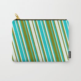 [ Thumbnail: Dark Turquoise, Mint Cream, and Green Colored Striped/Lined Pattern Carry-All Pouch ]