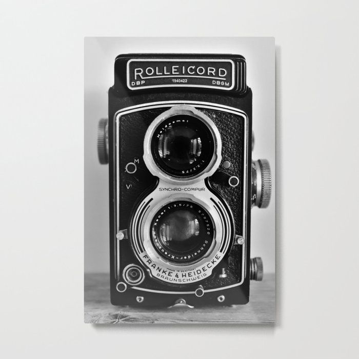 Vintage photograph camera art print- black and white retro rolleicord - film photography Metal Print