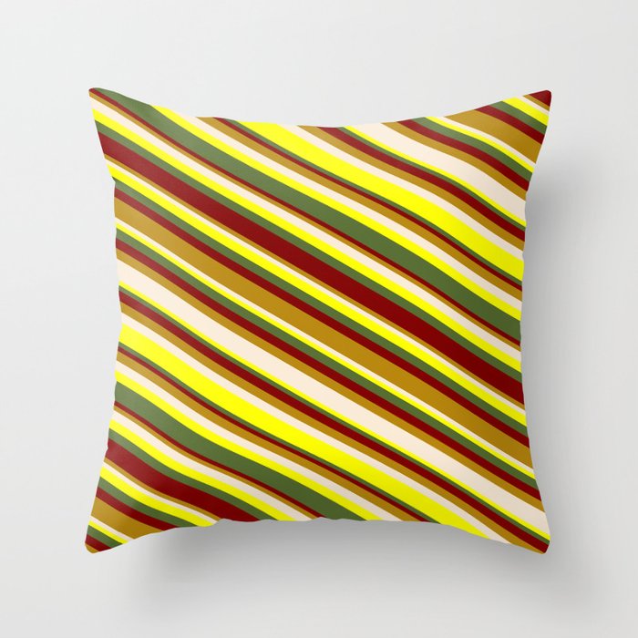 Eyecatching Maroon, Dark Goldenrod, Beige, Yellow & Dark Olive Green Colored Striped Pattern Throw Pillow