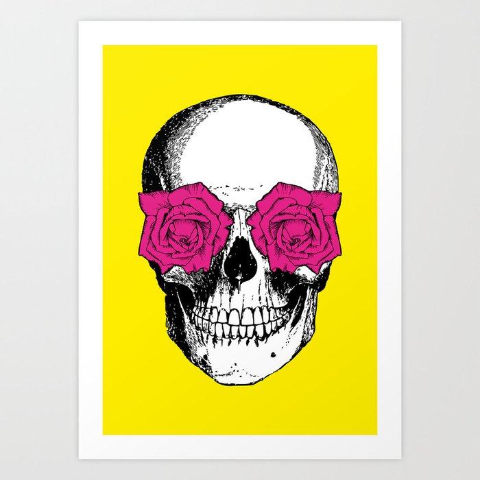 Skull and Roses | Skull and Flowers | Vintage Skull | Yellow and Pink | Art Print
