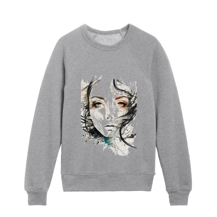 Persian Girl #2 – Drawings of Emotive and Lovely Faces of Persian Girls – Floral Faces Kids Crewneck