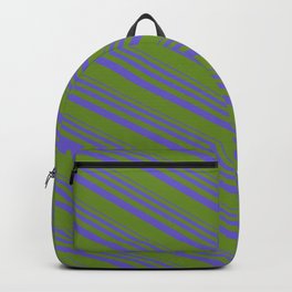 [ Thumbnail: Slate Blue & Green Colored Pattern of Stripes Backpack ]