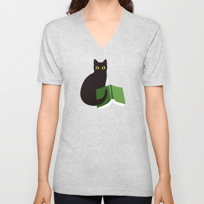 Cat Book (Green)  V Neck T Shirt