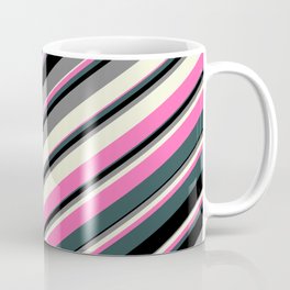 [ Thumbnail: Grey, Beige, Hot Pink, Dark Slate Gray, and Black Colored Lines/Stripes Pattern Coffee Mug ]