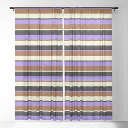 [ Thumbnail: Purple, Brown, Light Yellow & Black Colored Lines/Stripes Pattern Sheer Curtain ]