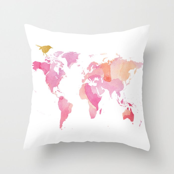 Pink And Gold World Map Throw Pillow