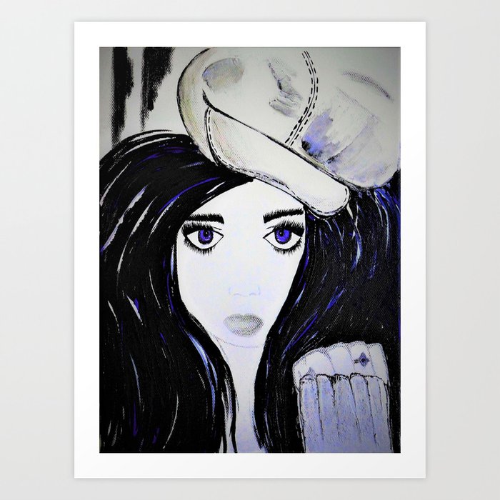 Girl With Black Hair And Hat Blue Eyes Hand Painted By Jodi Tomer