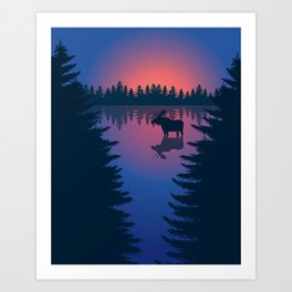 Moose in a Lake, Summer Forest Art Print