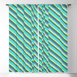 [ Thumbnail: Turquoise, Beige, Forest Green, and Slate Blue Colored Lines/Stripes Pattern Blackout Curtain ]