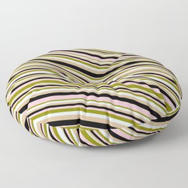 [ Thumbnail: Green, Light Cyan, Tan, Black, and Pink Colored Stripes Pattern Floor Pillow ]