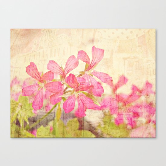 Vintage Whimsical Watermelon Pink Summer Geraniums in the City Montage Collage _ très chic Canvas Print