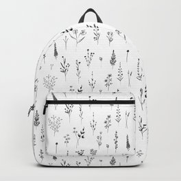 White Wildflowers Pattern Backpack | Digital, Botanical, Black And White, Wildflowers, Female, Girl, Floral, Ink Pen, Patterns, Black 