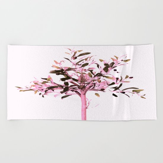 Little olive tree with pink tones on a white background Beach Towel