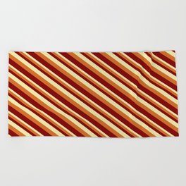 [ Thumbnail: Pale Goldenrod, Chocolate & Maroon Colored Lined/Striped Pattern Beach Towel ]