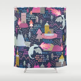 Watercolor Dragons and Castles Pattern Shower Curtain