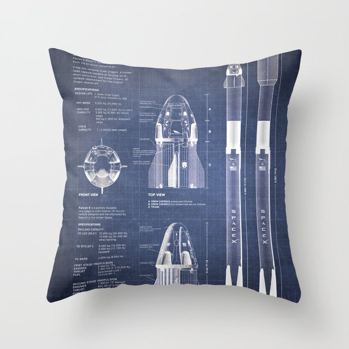 NASA SpaceX Crew Dragon Spacecraft & Falcon 9 Rocket Blueprint in High Resolution (dark blue) Throw Pillow