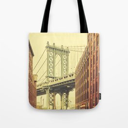 Retro stylized Manhattan Bridge seen from Dumbo, New York.  Tote Bag