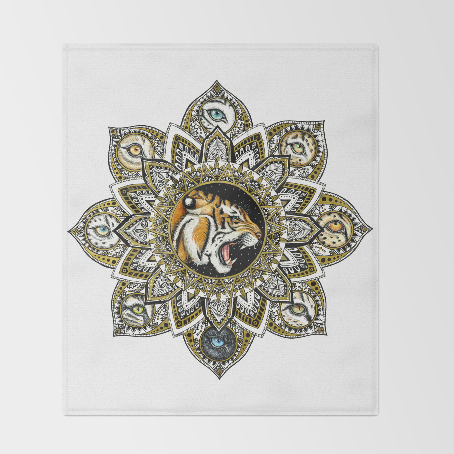 Black And Gold Roaring Tiger Mandala With 8 Cat Eyes Throw Blanket