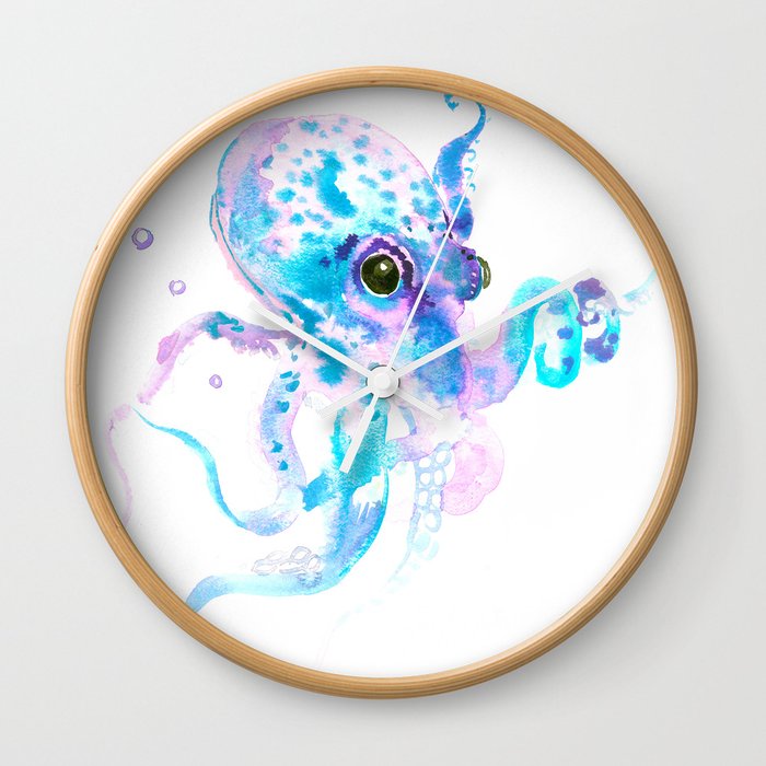 Sky Blue Soft Pink Turquoise Violet Octopus, teal animal beach art Wall Clock