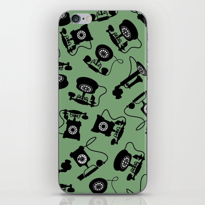 Black Vintage Rotary Dial Telephone Pattern on Antique Green iPhone Skin