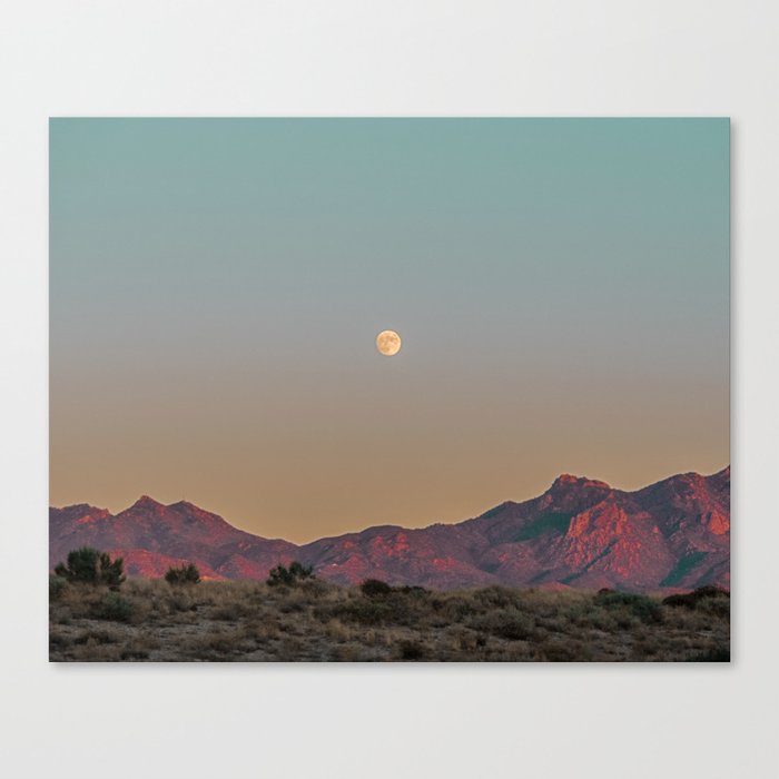 Sunset Moon Ridge // Grainy Red Mountain Range Desert Landscape Photography Yellow Fullmoon Blue Sky Canvas Print