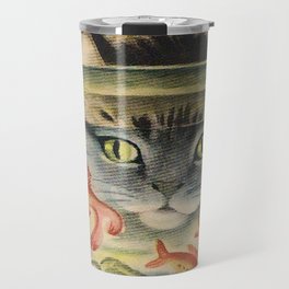 Cat Looking at Goldfish Vintage Art Travel Mug