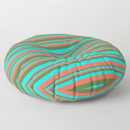 [ Thumbnail: Red, Dark Olive Green & Aqua Colored Lined Pattern Floor Pillow ]