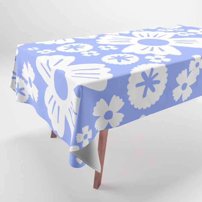 Modern Retro Light Denim Blue and White Daisy Flowers Tablecloth