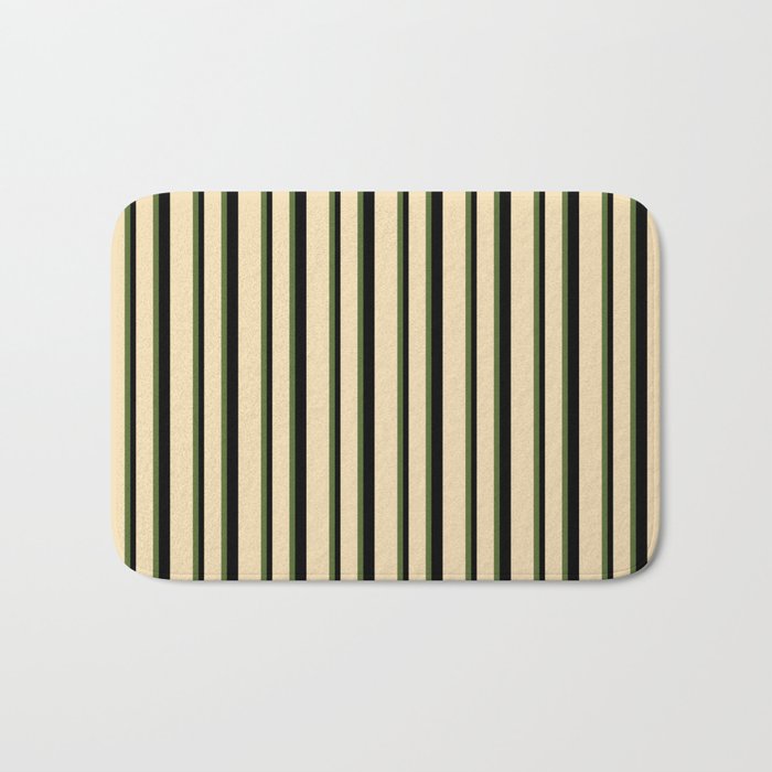Dark Olive Green, Tan & Black Colored Striped Pattern Bath Mat