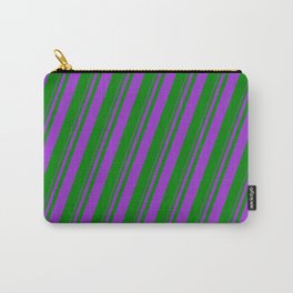[ Thumbnail: Dark Orchid & Green Colored Lined/Striped Pattern Carry-All Pouch ]