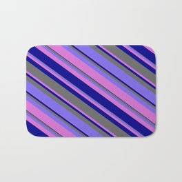 [ Thumbnail: Medium Slate Blue, Orchid, Dark Blue & Dim Grey Colored Stripes/Lines Pattern Bath Mat ]
