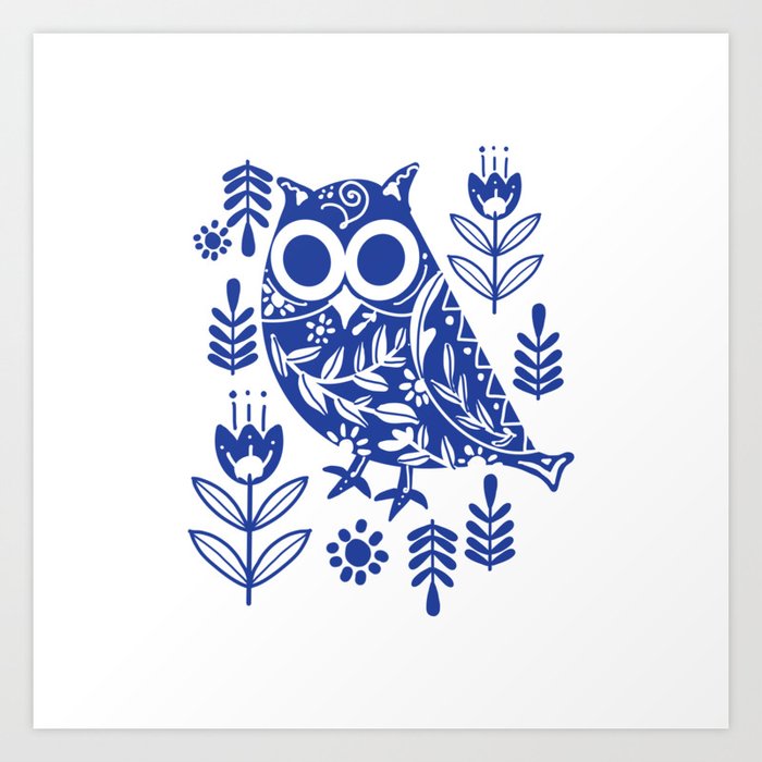 Harvest Folk Owl Indigo Blue Art Print