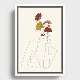 Colorful Thoughts Minimal Line Art Woman with Flowers Framed Canvas
