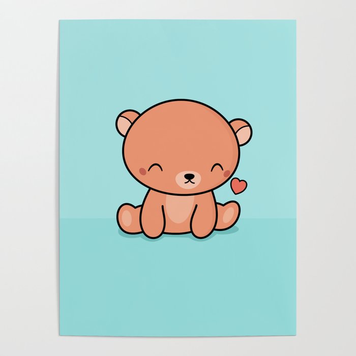 Kawaii Cute Brown Bear With Heart Poster