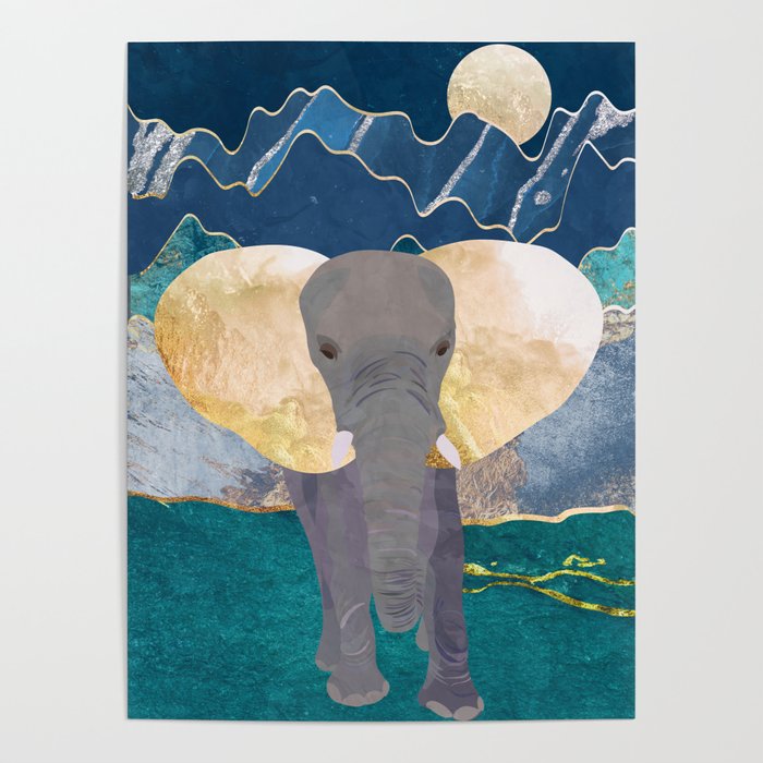 Majestic Golden Elephant with Mountains Poster
