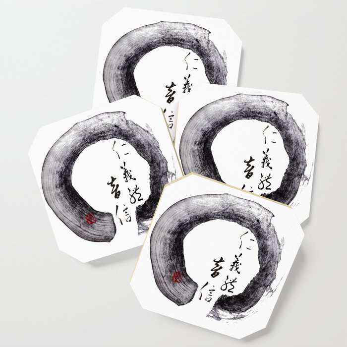 Zen Enso 5 Confucian Virtues Brush-Calligraphy Coaster
