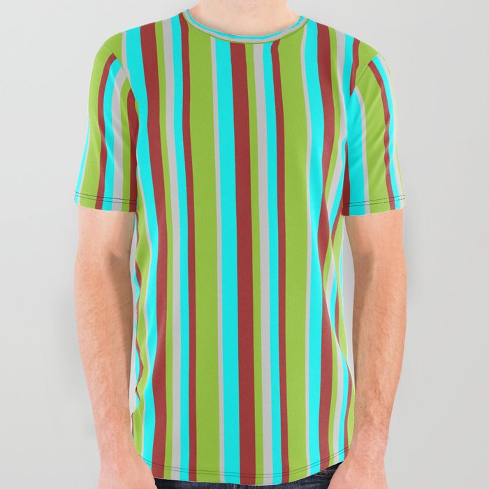 Aqua, Brown, Green & Light Grey Colored Striped Pattern All Over Graphic Tee