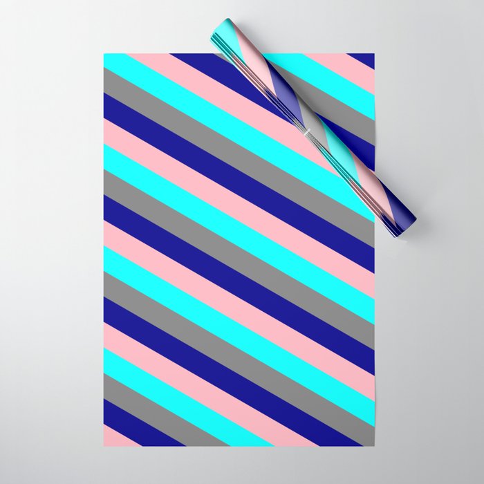 Aqua, Gray, Dark Blue, and Light Pink Colored Striped Pattern Wrapping Paper
