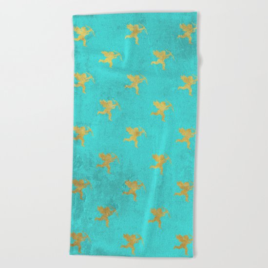 Gold Angels on aqua backround- pattern Beach Towel