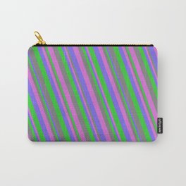 [ Thumbnail: Medium Slate Blue, Lime Green, Gray, and Orchid Colored Lined Pattern Carry-All Pouch ]