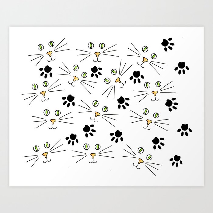 Cute Minimal Kitty Cat Faces And Paw Prints On White Art Print By