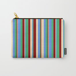 [ Thumbnail: Beige, Cornflower Blue, Sea Green, and Dark Red Colored Lines/Stripes Pattern Carry-All Pouch ]