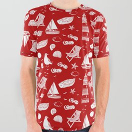 Red And White Summer Beach Elements Pattern All Over Graphic Tee