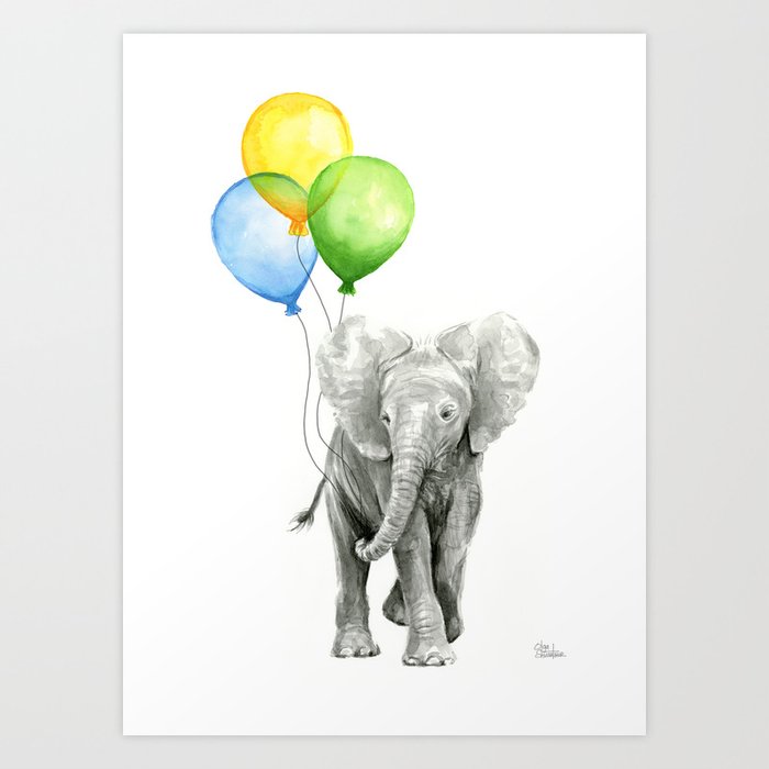 Elephant with Three Balloons Art Print