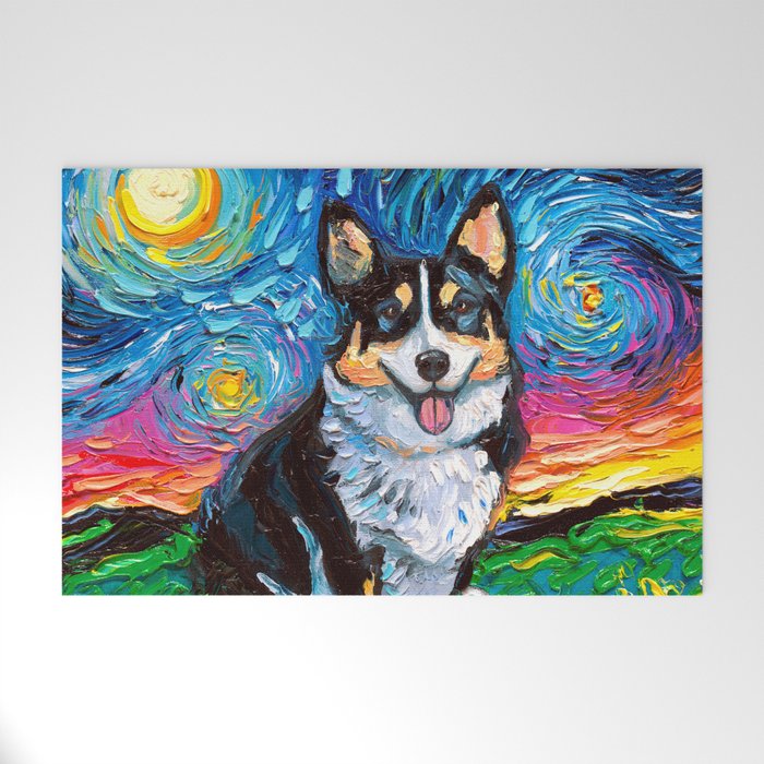Tri Color Corgi Night Welcome Mat by Sagittarius Gallery Society6